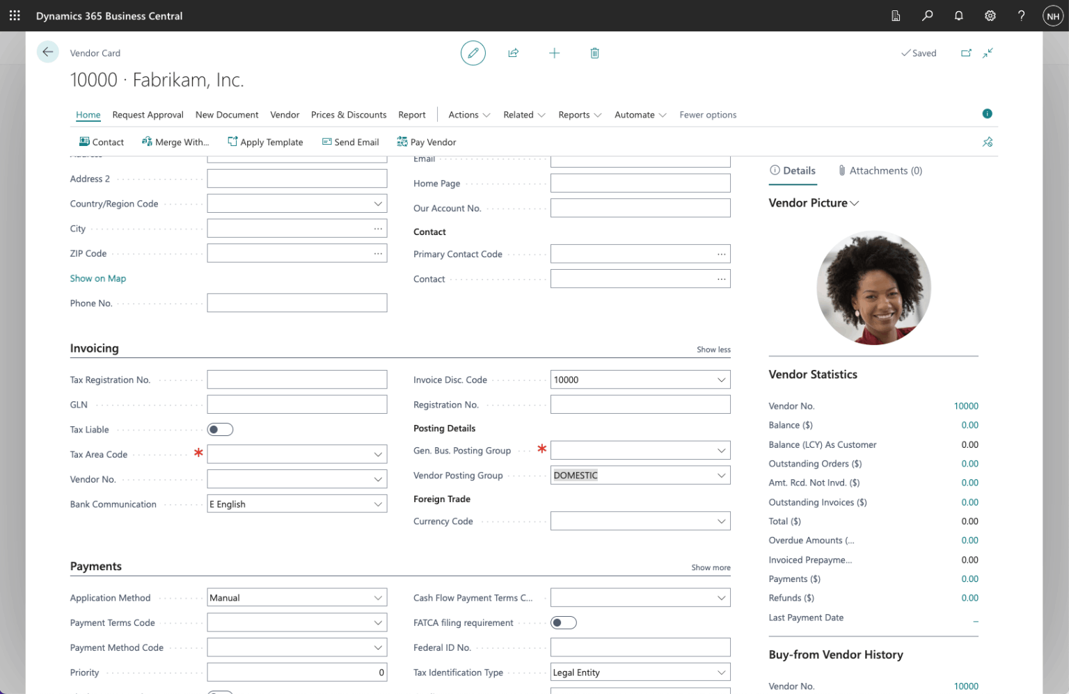 Vendor Posting Group is set to DOMESTIC