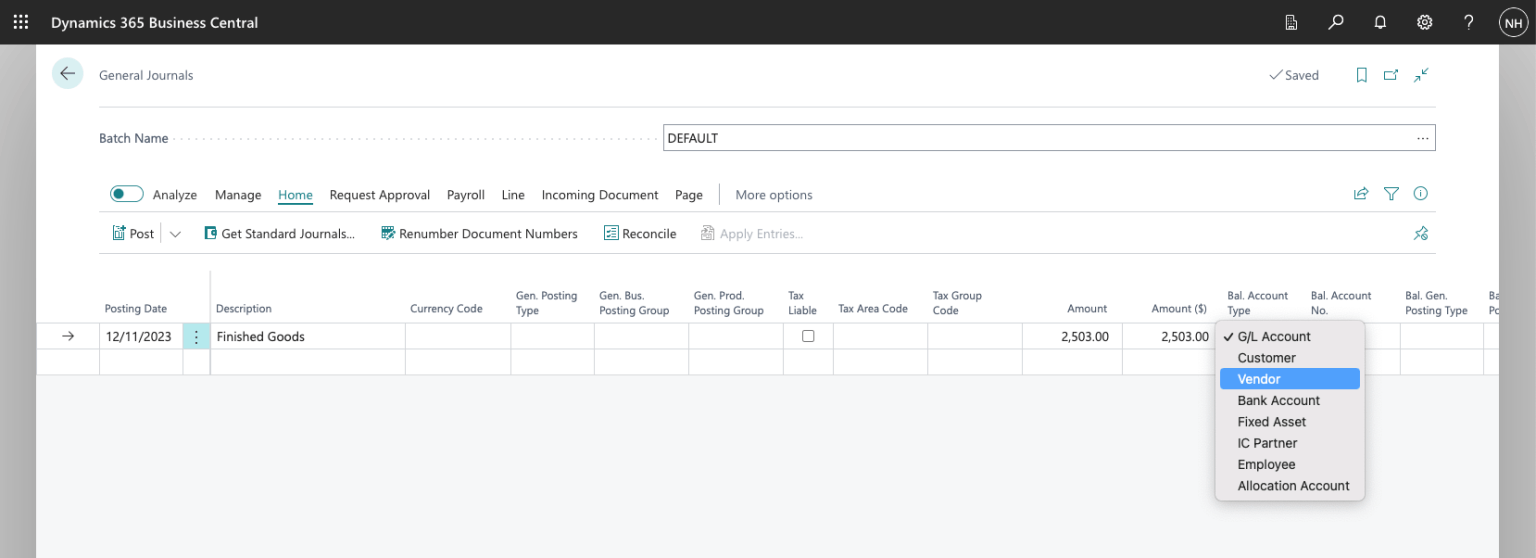 I set the Amount to $2,503 and the balancing Account Type to Vendor