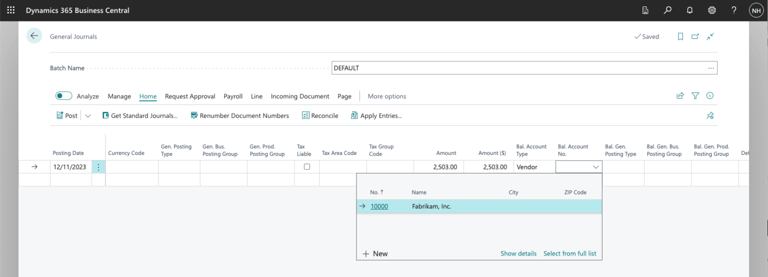 I selected Vendor Fabrikam, Inc.