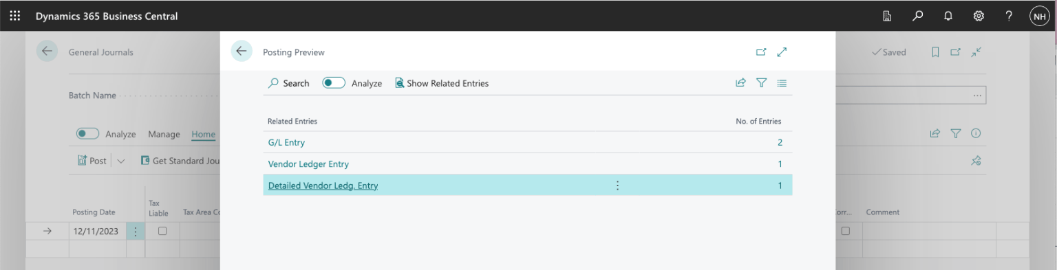The preview showed 2 General Ledger entries, 1 Vendor Ledger entry and 1 Detailed Vendor Ledger entry