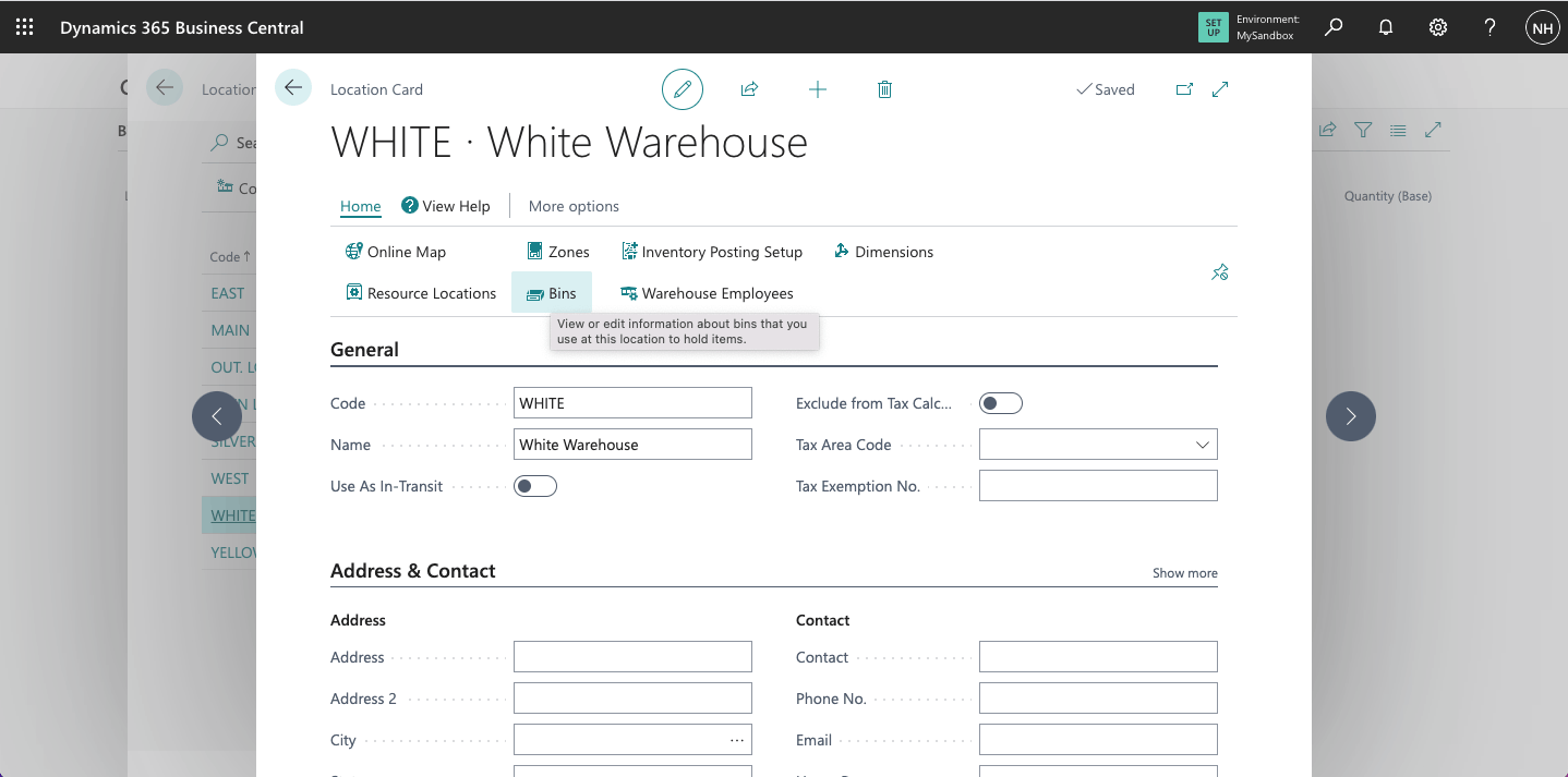 I clicked the Bins link to open a list of Bins in the White Warehouse
