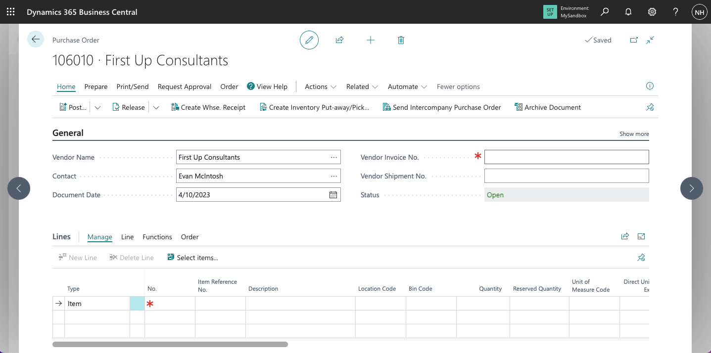 The Vendor name and contact details were added to the new Purchase Order page.